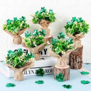 Imagem de YLOLUL 6 peças de decoração de mesa para o dia de São Patrício, palitos de trevo irlandês, enfeite de mesa, guirlanda verde, trevo da sorte, peça central para mesa, fazenda, cozinha, casa, celebração