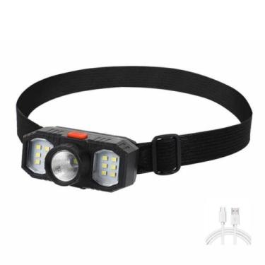 Imagem de Lanterna de cabeca triplo led recarregavel usb 3 lampadas farol capace