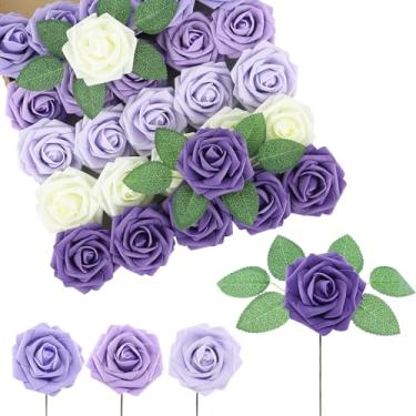 Imagem de DuHouse 25 peças de rosas artificiais flores falsas com hastes flores de espuma de toque real para buquê de casamento DIY peça central arranjo floral festa decoração de casa (série roxa)