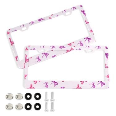 Imagem de SEHANY Lindas molduras de placa de licença de laço rosa, moldura de placa de carro de alumínio à prova de ferrugem com orifícios elípticos e parafusos serve para veículos padrão dos EUA tamanho
