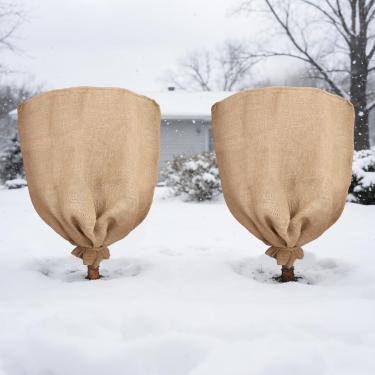 Imagem de Xbpeuy Pacote com 2 sacos de cobertura de plantas de inverno de serapilheira de 81,3 cm x 101,6 cm, pano de geada de serapilheira reutilizável com cordão para plantas de jardim ao ar livre e arbustos