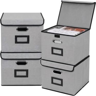 Imagem de Tcbelosion Caixa de armazenamento de arquivos com tampa, 39 x 32 x 26 cm, organizador dobrável de grande capacidade com alça, perfeito para casa, escritório e organização de armário (4 pacotes, cinza)