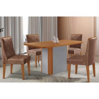 Imagem de Conjunto: Mesa Sala Jantar Pietá c/ Tampo Madeirado Canto Curvo 120x80cm e 4 Cadeiras Pietá Naturale/Off White - Corano Capuccino - Rufato