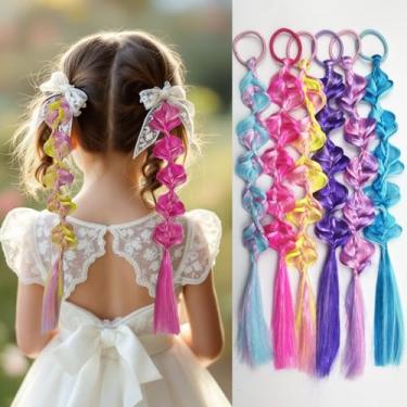 Imagem de Pacote com 6 extensões de cabelo trançado, laços coloridos de rabo de cavalo pré-trançado com faixas elásticas, acessórios de cabelo sintético macio para vestir, fantasia de férias, festas e estilo