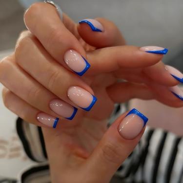 Imagem de SXVME Prendedor de unhas curtas quadradas, azul royal, unhas francesas com cola, unhas postiças naturais francesas, 15 tamanhos – Kit de 30 colagem de gel macio nas unhas, visual realista, clássico