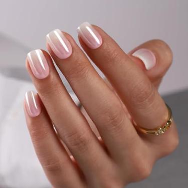 Imagem de Pregos curtos – Findigit Pink Glossy Press On Nail Ons Square, cola cromada esmaltada em unhas postiças, cole em 16 tamanhos – Kit de unhas postiças de gel macio 32, rosa ombré esmaltado