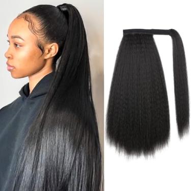 Imagem de Extensão de rabo de cavalo reto Yaki, extensão de rabo de cavalo para mulheres negras, extensão de cabelo humano Yaki, preto natural (rabo de cavalo com faixa de cabelo, 41 cm)