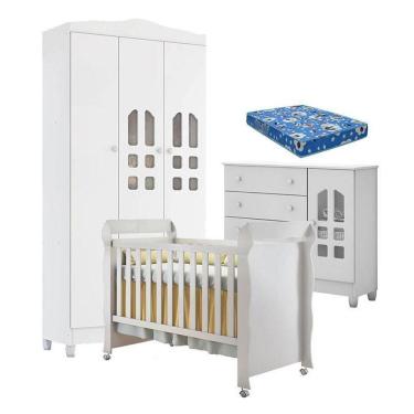 Imagem de Quarto De Bebê New Selena 3 Portas Com Cômoda Selena E Berço Mirelle Branco Brilho E Colchão Ortobom – Carolina Móveis