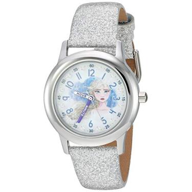 Imagem de Disney Relógio analógico de quartzo feminino Frozen 2 de aço inoxidável com pulseira de couro envernizado, branco, 15 (modelo: WDS000799)