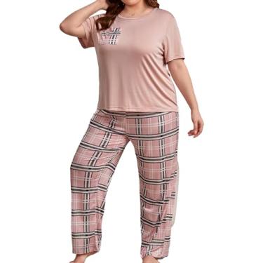Imagem de OYOANGLE Conjunto de pijama feminino de 2 peças plus size de manga curta e calça com estampa xadrez, rosa, 3X-Large Plus
