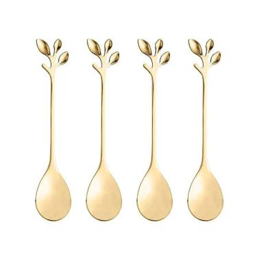 Imagem de Conjunto 4 Colheres Flor Aço Inox para Café / Chá Dourado Ouro