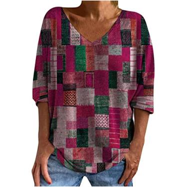 Imagem de Camisetas femininas folgadas com gola V para mulheres, manga 3/4, xadrez, vintage, outono, verão, 2024, U-414 Roxo, G
