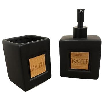 Imagem de Mimo Style Conjunto Banheiro Bath 2 Pçs na Cor Preta, Acompanha Porta Sabonete Líquido (380ml) e Porta Escova. Kit Funcional, Material de Cerâmica e Detalhe em Bambu de e Resistência