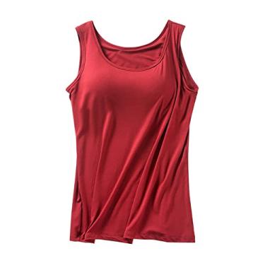 Imagem de Camisetas femininas com sutiã embutido 2024 verão algodão alças finas regatas básicas respiráveis, Vermelho, M