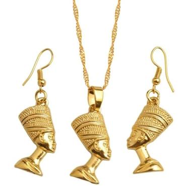 Imagem de Conjunto de ouro amarelo 14k Rainha Egípcia Antiga Nefertiti Colar e Brincos para Mulheres e Meninas - Colar Nefertiti Joias Rainha Nefertiti Joias Egípcio Presentes Conjuntos de Joias Nefertiti, 45cm