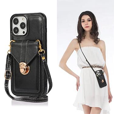 Imagem de Capa tipo carteira compatível com Samsung Galaxy S21 Ultra Crossbody de couro com suporte para cartão de crédito e botões de correia, capa protetora à prova de choque (preto)