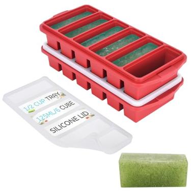 Imagem de Bandeja de silicone para freezer com tampa – moldes para recipientes para congelador de sopa – Bandeja grande para cubos de gelo – faz 12 porções perfeitas para 1 xícara, 2 pacotes para armazenamento