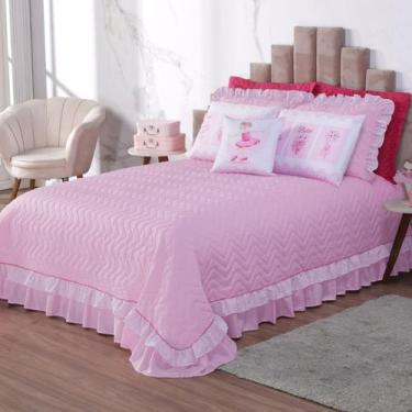 Imagem de Cobre Leito Queen Size Colcha Rosa Ballet 7 Peças - Enxovais Aquarela