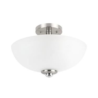 Imagem de GLOBE Luminária de teto elétrica 63357 com montagem semi-embutida de 2 luzes, níquel escovado, detalhes cromados, sombra de vidro fosco, cozinha, luzes, banheiro, itens essenciais para casa, quarto
