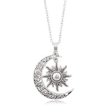 Imagem de QIAN0813 Colar vintage bronze lua crescente e sol retrô redemoinho filigrana unissex joias presentes, Metal