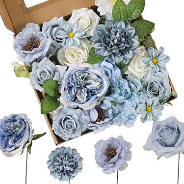 Imagem de Arranjo de flores artificiais, rosas roxas e brancas mistas, dálias e cravos, conjunto floral decorativo de seda (azul)