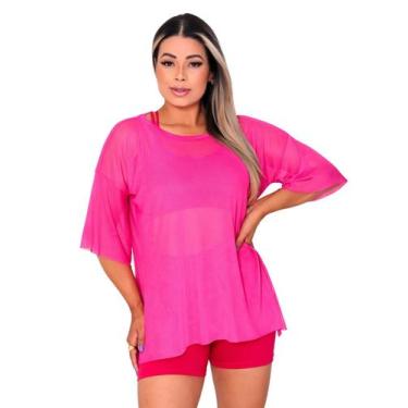 Imagem de Blusao Tule Feminina Manga Curta Fitness Academia Rosa Pink - Sunset C