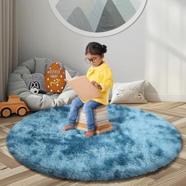 Imagem de Tapetes circulares super macios para meninas, castelo de princesa, barraca de brincar, 5 diâmetros, tapetes para quarto de crianças, decoração de quarto de bebê, tapetes redondos felpudos (Φ5, azul