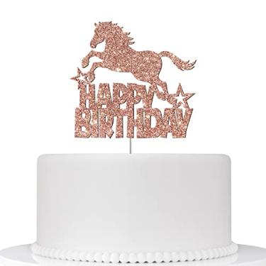 Imagem de Horse Happy Birthday Cake Topper, Racing Birthday Party Decor, Equestrian Themed / Horse Birthday Cake Decoration, for Boy or Girl 1st 2nd 3rd 4th 5th Party, Birthday Party Decoration Supplies - Rose Golden