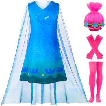 Imagem de ADREIT Vestido infantil de fantasia de princesa papoula para meninas e crianças, cosplay e Halloween, festa de aniversário de 3 a 10 anos, Azul, 110 (3-4 Years)