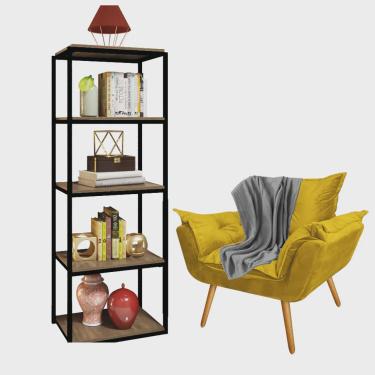 Imagem de Kit Poltrona Fatte com Manta Soft Cinza e Estante Livreiro Ferro Preto mdf Imbuia Suede Amarelo - Ahz Móveis