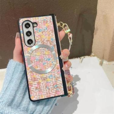 Imagem de Capa de telefone magnética de couro com alça de pulso para Samsung Galaxy Z Fold 6 5 4 3 5G, capa protetora com dobradiça de corda de mão, rosa, para Samsung Galaxy Z Fold6