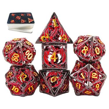 Imagem de Dragon DND Dice Set Metal Hollow Dungeons and Dragons Dice Polyhedral D&D Miniatures Bulk Mat Magic 7 Pcs Dice Dragon Lance 5e D100 Tower Play Card Game Gifts Handbook(Dragon_Black Red Plus Gold)