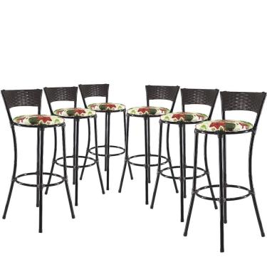 Imagem de Jogo Com 6 Banquetas Alta Forts Fibra Uv Bancada, área Goumert, Bar, Piscina, Balcão, Vermelho Floral