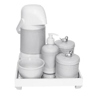 Imagem de Kit Higiene Completo Pote Porcelana Passarinho Prateado Bebê - Potinho
