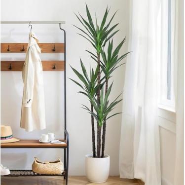 Imagem de Árvore artificial de 1,8 m com 60 folhas e 4 troncos, planta de piso resistente a UV de 1,78 m de altura para decoração de escritório em casa, varanda, pátio, 1 peça