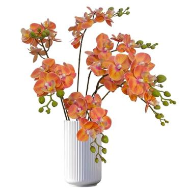 Imagem de ATFL Pacote com 8 flores artificiais de orquídea laranja, toque real, 55 cm buquês artificiais de seda falsa para festa de casamento, decoração de jardim, orquídeas artificiais para decoração