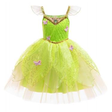 Imagem de Shaopaushow Fairy Princess Dress Up Tinker Bell Costume for Girls Butterfly Elf Outfit Green Sparkly Tulle Dress with Wings (Only Dress, 3-4 Years)