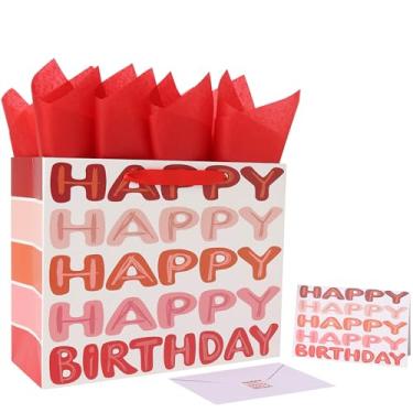 Imagem de Conjunto de sacos de presente de feliz aniversário vermelho extra grande de 42 cm com alças, cartão comemorativo, papel de seda e adesivos para mulheres, meninas, crianças, adolescentes, design de