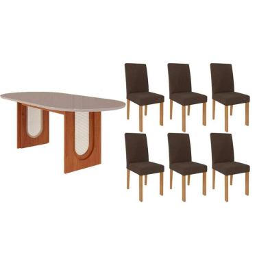 Imagem de Conjunto Sala de Jantar Valentina Tampo Madeirado Oval c/ Vidro 210x100cm e 6 Cadeiras Maia Cinamomo/Off White - Nature/Suede Mascavo Chocolate-Cimol