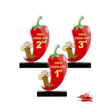 Imagem de ANZOME 3 peças de troféus Chili Cook Off Medalhas de acrílico Chili Pepper 14 cm Chili Cook Off Conjunto de troféus 1º 2º 3º lugar Prêmios de concurso de culinária com base para decoração de festa