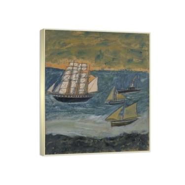 Imagem de Reproduções de pinturas famosas de Alfred Wallis-(Three Small Ships) Impressões em tela - quadros decorativos para sala de estar 30 x 35 cm (11,8 x 13,7 pol) molduras de champanhe