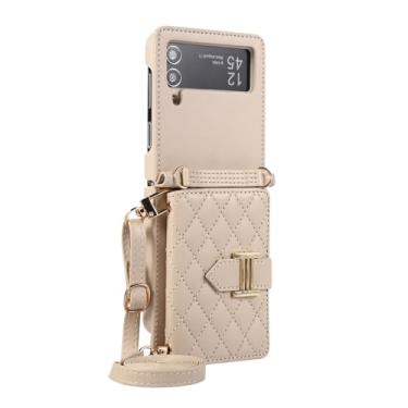 Imagem de Capa de telefone de couro crossbody Capa de telefone para Samsung Galaxy Z Flip 5 4 3 Flip5 Flip4 Flip3 5G Carteira com suporte para cartão, bege, para Galaxy Z Flip4