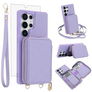 Imagem de Capa de celular para Samsung Galaxy S24 Ultra 5G carteira celular com protetor de tela de vidro temperado, alça transversal, cordão com bloqueio de RFID, suporte para cartão de crédito S24Ultra 24S S