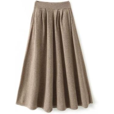 Imagem de Saia Midi Feminina Saia Plissada Elegante Elástica Saia De Cintura Alta Engrossada Saia De Malha Sretchy Confortável Saia Longa Em Linha A, Khaki, XXL