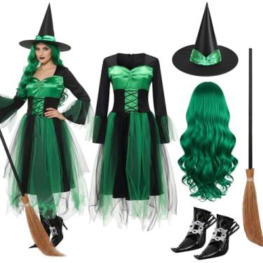 Imagem de Maiteenly Conjunto de fantasia de bruxa com chapéu de bruxa, peruca cosplay, vestido, vassoura, capas de sapato para mulheres vestido de Halloween (verde, GG)