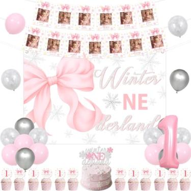 Imagem de Winter Onederland Decorações para meninas de primeiro aniversário laço rosa floco de neve foto banner glitter prata bolo topo de cupcake balões de látex para meninas inverno país das maravilhas