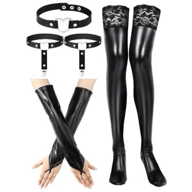 Imagem de Bencailor Conjunto de fantasia feminina com visual molhado, 7 peças, luvas sem dedos, gargantilha, cinta-liga, com clipes antiderrapantes para cosplay (G-GG)