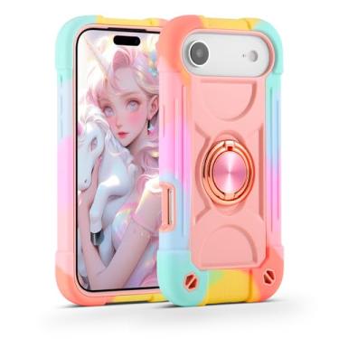 Imagem de MARKILL Compatível com capa para iPhone de 6,7 polegadas com suporte de anel de rotação de 360 graus, proteção contra quedas de grau militar, capa protetora robusta para crianças (rosa arco-íris)