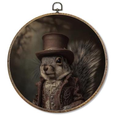 Imagem de FUGWN Esquilo vintage redondo decoração de parede emoldurada, Dark Moody Academia esquilo impressão de arte em tela, decoração de parede retrô rústica animal selvagem para casa, sala de estar, quarto