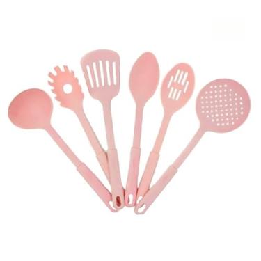 Imagem de Kit UtensíLios De Cozinha, Kit UtensíLios De Cozinha Silicone, Conjunto 6 Utensilios Com Gancho De Cozinha De Nylon Colher Concha Escumadeira EspáTula Pegadores(ROSA CLARO)